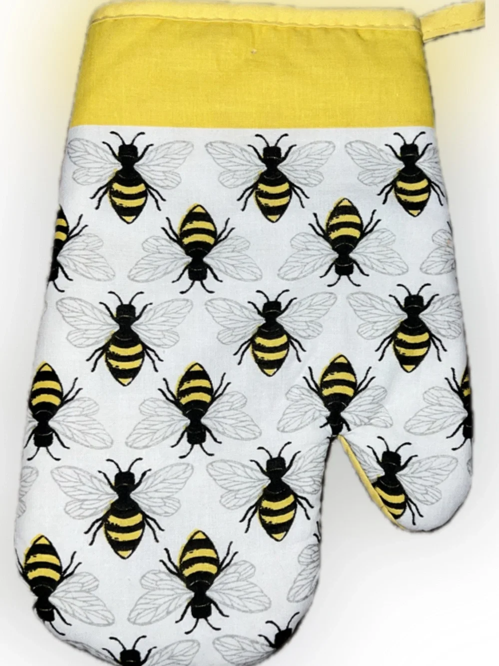 🔴New Bee Print Oven Mitt in Yellow White Cotton Farmhouse Summer Bumblebee